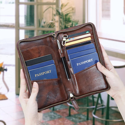 Polare Full Grain Leather Family Travel Passport Wallet and Documents Organizer RFID Blocking Case Holder Fits 6 Passports for Men and Women