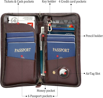 Polare Full Grain Leather Family Travel Passport Wallet and Documents Organizer RFID Blocking Case Holder Fits 6 Passports for Men and Women