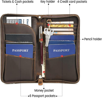 Polare Full Grain Leather Family Travel Passport Wallet and Documents Organizer RFID Blocking Case Holder Fits 6 Passports for Men and Women