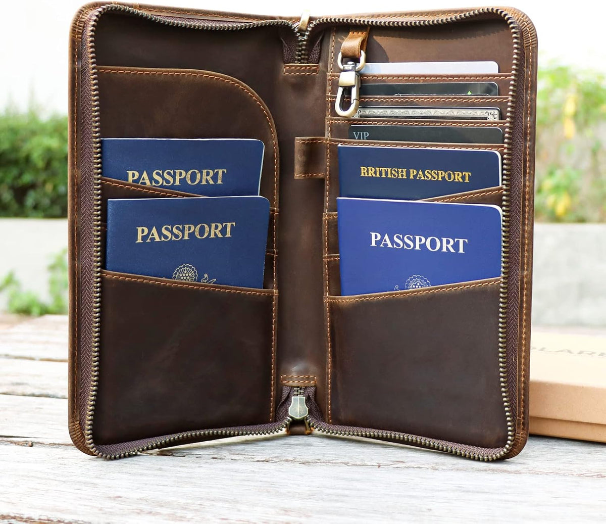 Polare Full Grain Leather Family Travel Passport Wallet and Documents Organizer RFID Blocking Case Holder Fits 6 Passports for Men and Women