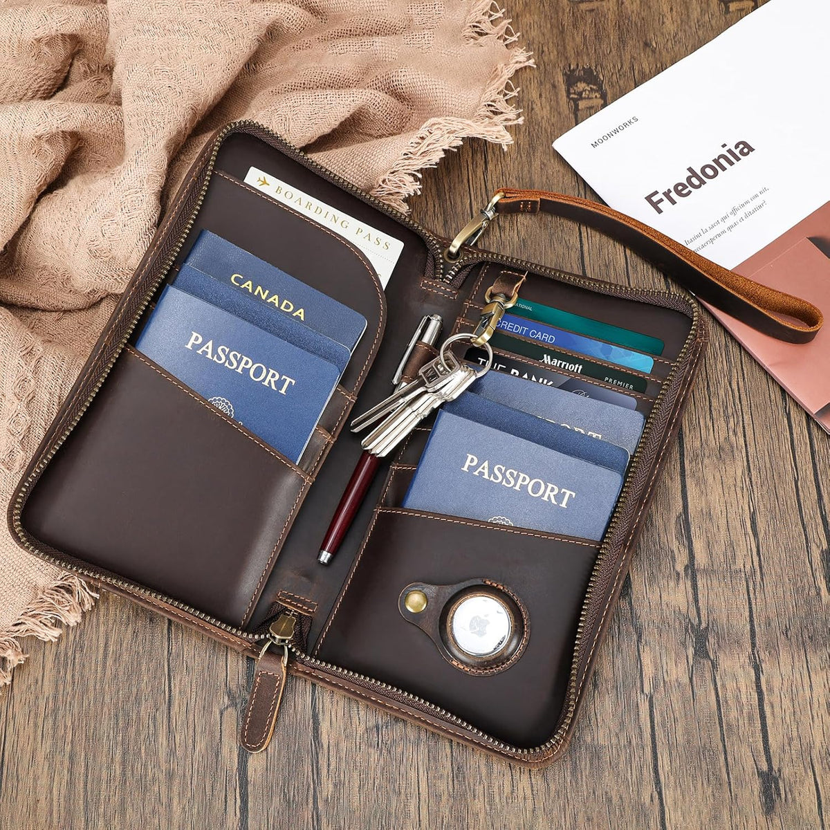 Polare Full Grain Leather Family Travel Passport Wallet and Documents Organizer RFID Blocking Case Holder Fits 6 Passports for Men and Women