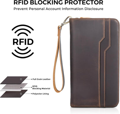 Polare Full Grain Leather Family Travel Passport Wallet and Documents Organizer RFID Blocking Case Holder Fits 6 Passports for Men and Women