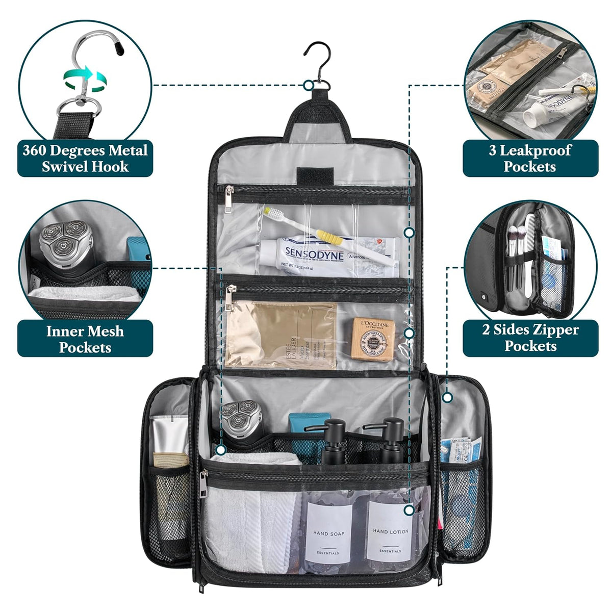 Large Hanging Toiletry Bag for Men, Travel Toiletry Organizer with 10 Compartments, Swivel Hook and 3 Leakproof Pockets, Water Resistant Shaving Kit Case, Packs Flat, Blue