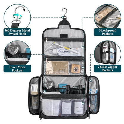 Large Hanging Toiletry Bag for Men, Travel Toiletry Organizer with 10 Compartments, Swivel Hook and 3 Leakproof Pockets, Water Resistant Shaving Kit Case, Packs Flat, Blue