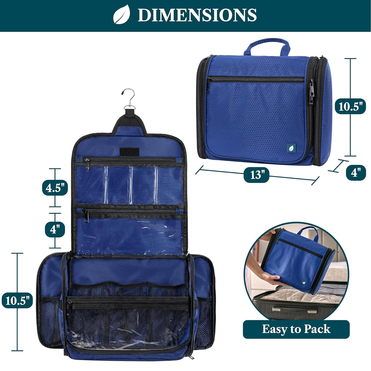 Large Hanging Toiletry Bag for Men, Travel Toiletry Organizer with 10 Compartments, Swivel Hook and 3 Leakproof Pockets, Water Resistant Shaving Kit Case, Packs Flat, Blue