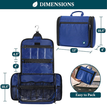 Large Hanging Toiletry Bag for Men, Travel Toiletry Organizer with 10 Compartments, Swivel Hook and 3 Leakproof Pockets, Water Resistant Shaving Kit Case, Packs Flat, Blue