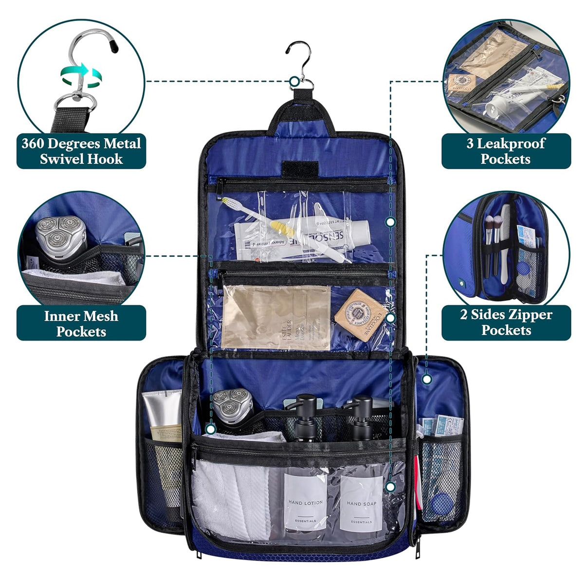 Large Hanging Toiletry Bag for Men, Travel Toiletry Organizer with 10 Compartments, Swivel Hook and 3 Leakproof Pockets, Water Resistant Shaving Kit Case, Packs Flat, Blue