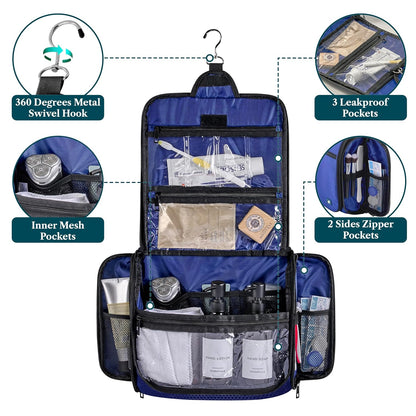 Large Hanging Toiletry Bag for Men, Travel Toiletry Organizer with 10 Compartments, Swivel Hook and 3 Leakproof Pockets, Water Resistant Shaving Kit Case, Packs Flat, Blue