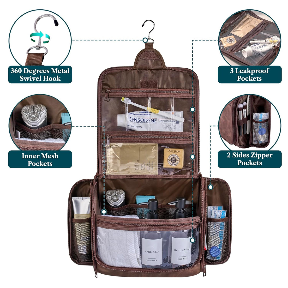 Large Hanging Toiletry Bag for Men, Travel Toiletry Organizer with 10 Compartments, Swivel Hook and 3 Leakproof Pockets, Water Resistant Shaving Kit Case, Packs Flat, Blue