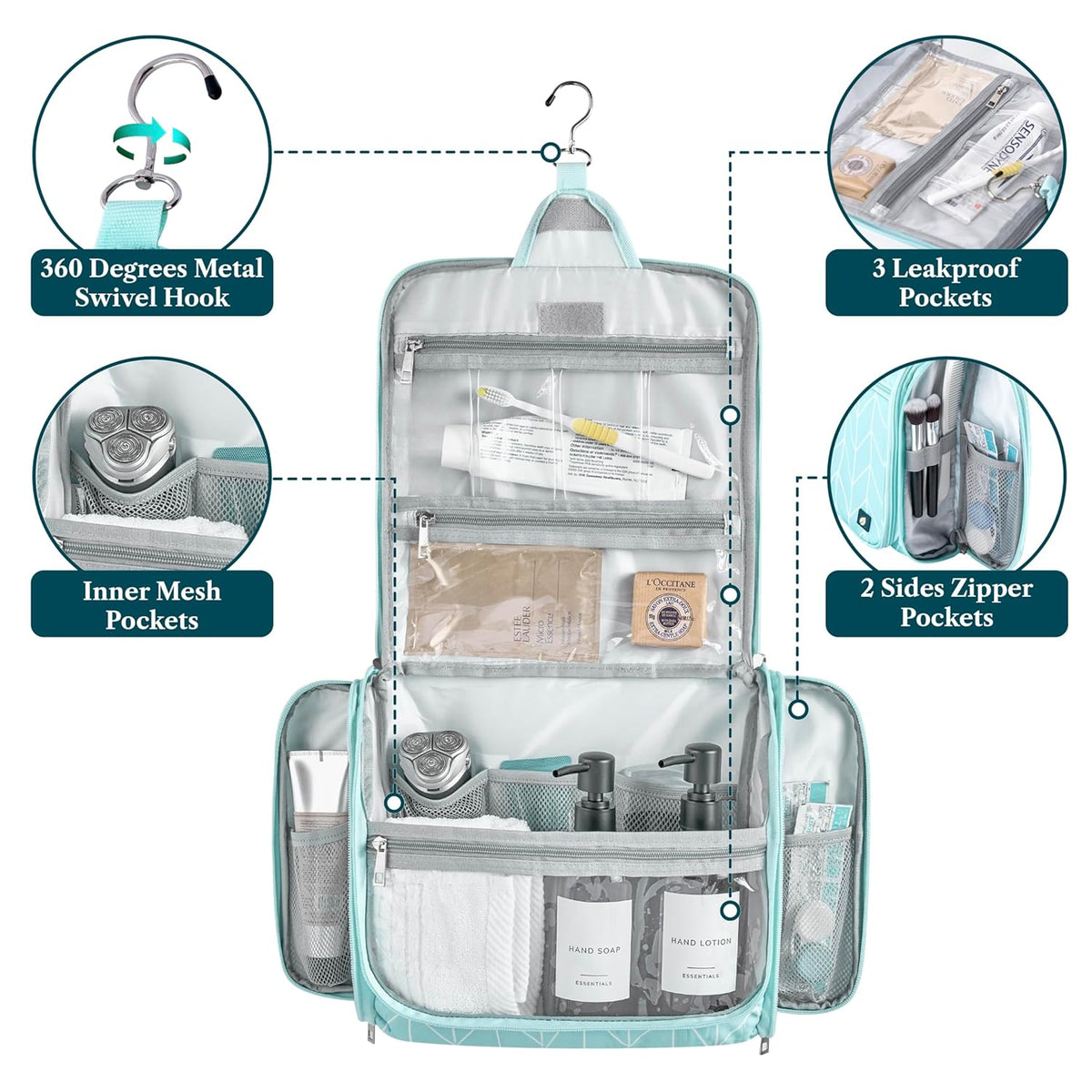 Large Hanging Toiletry Bag for Men, Travel Toiletry Organizer with 10 Compartments, Swivel Hook and 3 Leakproof Pockets, Water Resistant Shaving Kit Case, Packs Flat, Blue