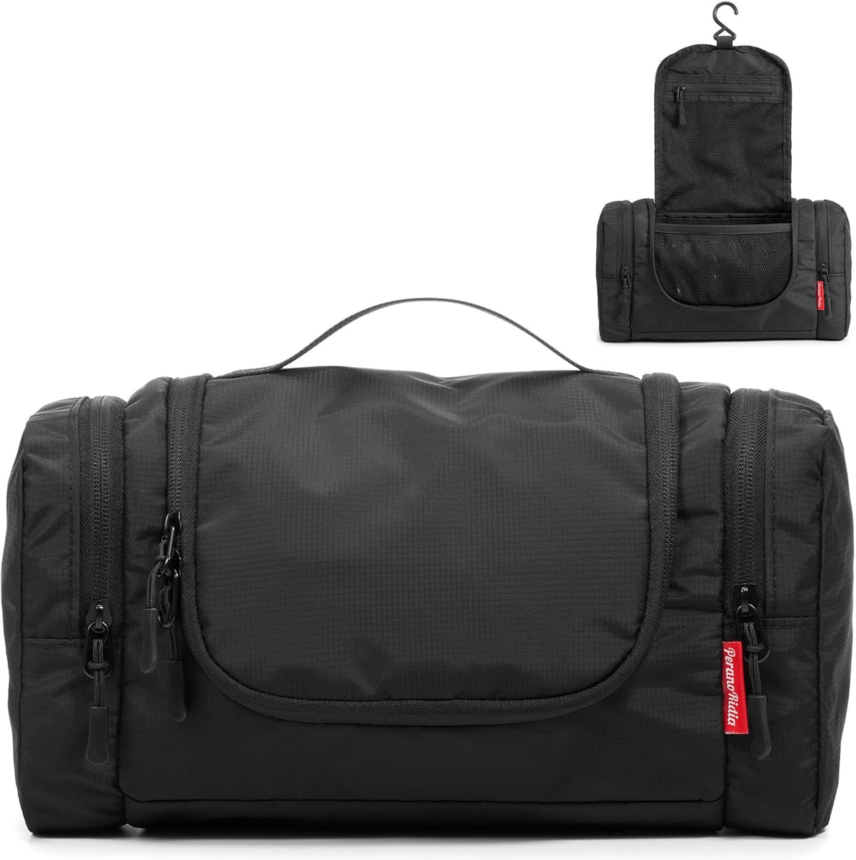 Hanging Toiletry Bag for Men and Women – Water Resistant Nylon Travel Cosmetic Dopp Kit with Multiple Compartments for Toiletries, Grooming Essentials, Makeup and Shaving Gear, Black