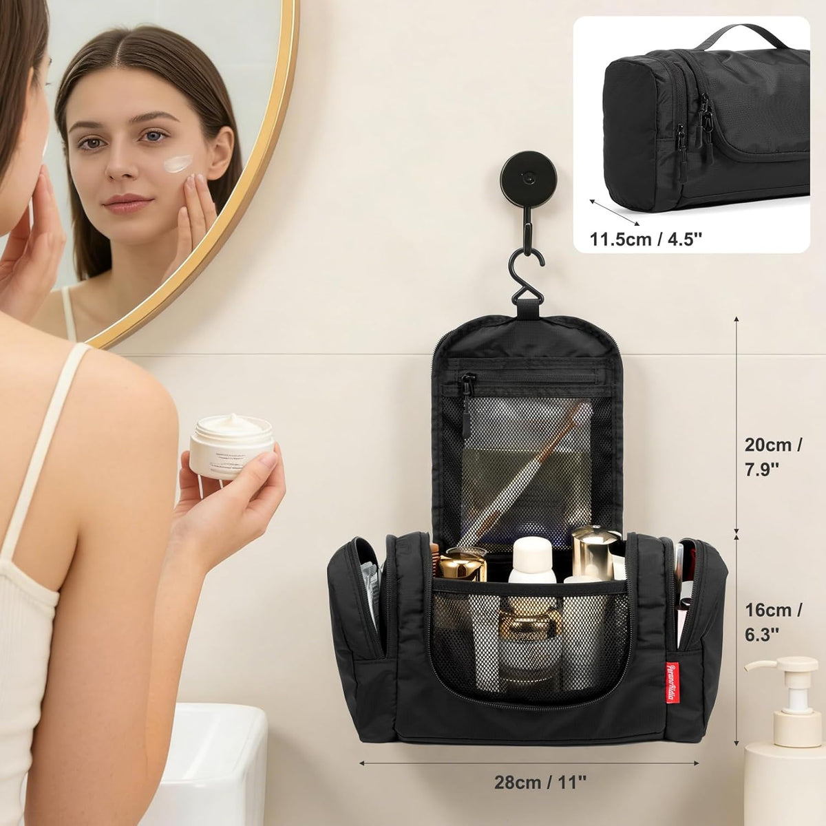 Hanging Toiletry Bag for Men and Women – Water Resistant Nylon Travel Cosmetic Dopp Kit with Multiple Compartments for Toiletries, Grooming Essentials, Makeup and Shaving Gear, Black