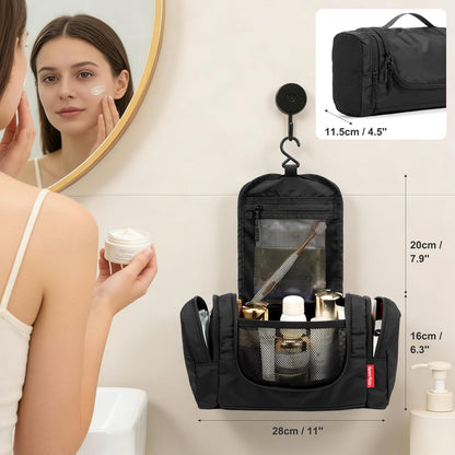 Hanging Toiletry Bag for Men and Women – Water Resistant Nylon Travel Cosmetic Dopp Kit with Multiple Compartments for Toiletries, Grooming Essentials, Makeup and Shaving Gear, Black