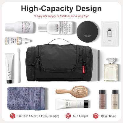 Hanging Toiletry Bag for Men and Women – Water Resistant Nylon Travel Cosmetic Dopp Kit with Multiple Compartments for Toiletries, Grooming Essentials, Makeup and Shaving Gear, Black