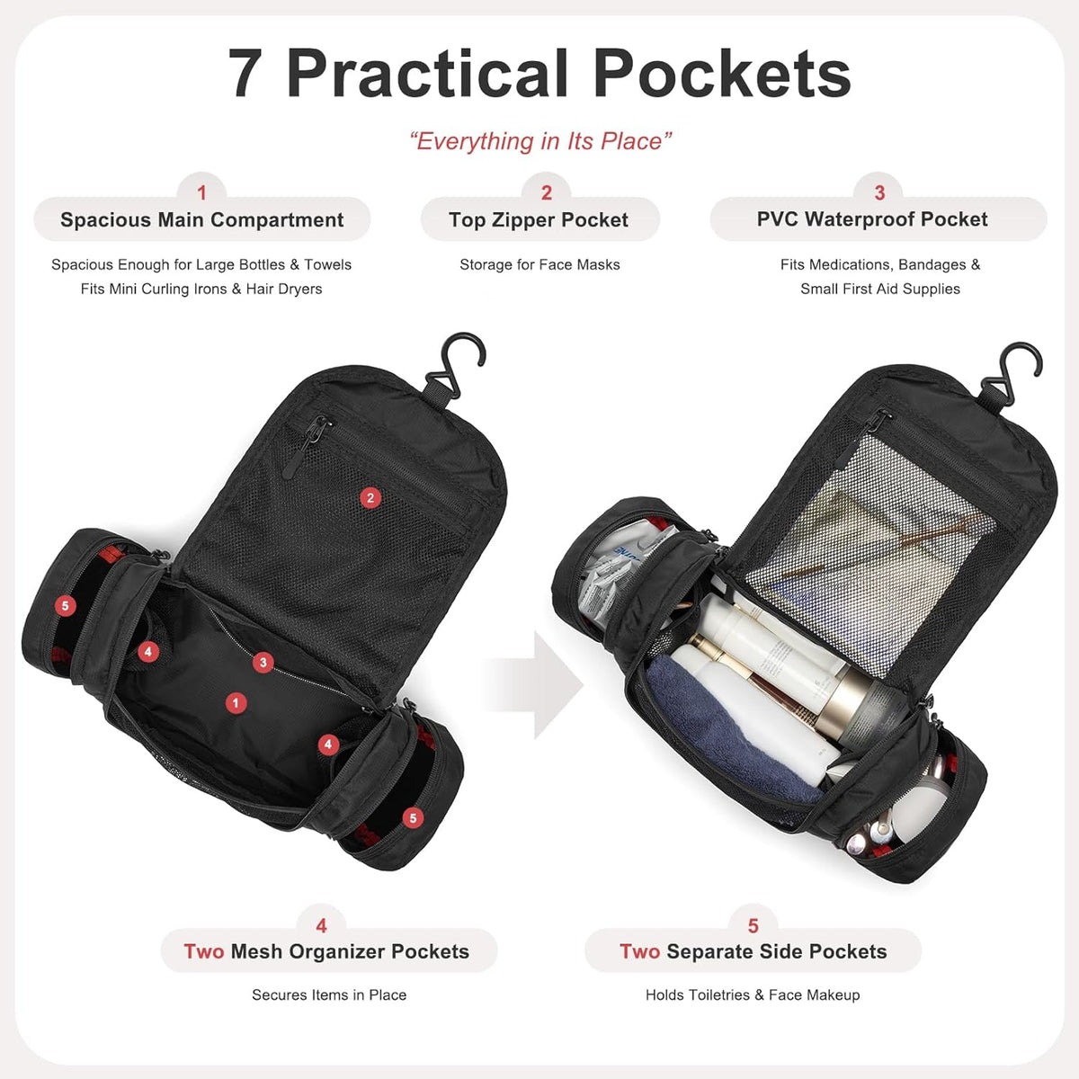 Hanging Toiletry Bag for Men and Women – Water Resistant Nylon Travel Cosmetic Dopp Kit with Multiple Compartments for Toiletries, Grooming Essentials, Makeup and Shaving Gear, Black