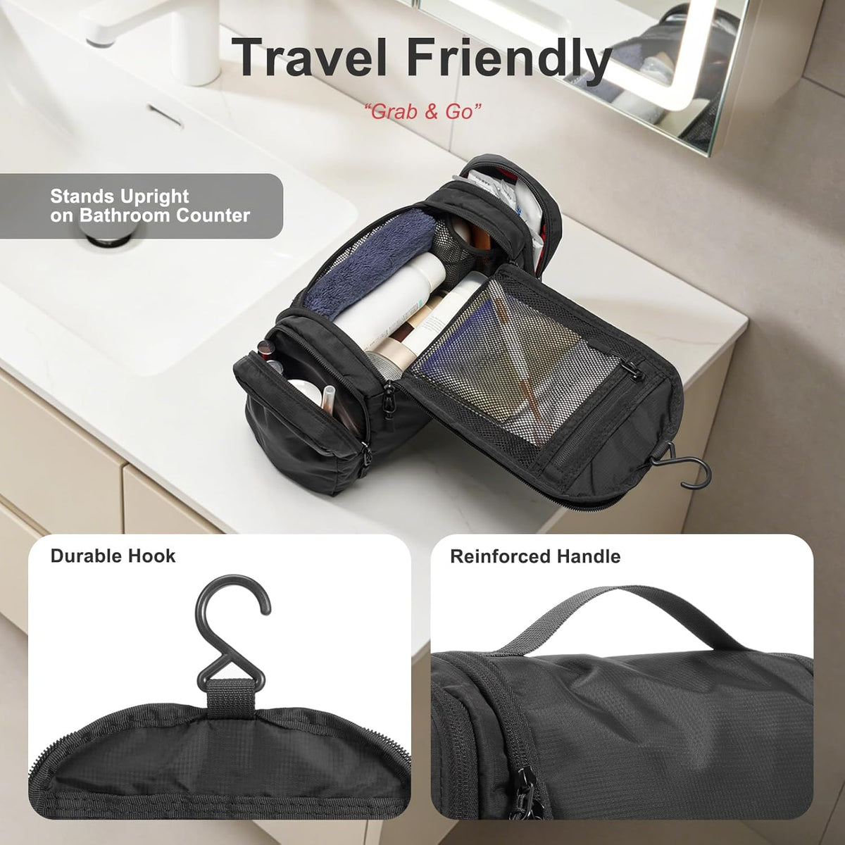 Hanging Toiletry Bag for Men and Women – Water Resistant Nylon Travel Cosmetic Dopp Kit with Multiple Compartments for Toiletries, Grooming Essentials, Makeup and Shaving Gear, Black