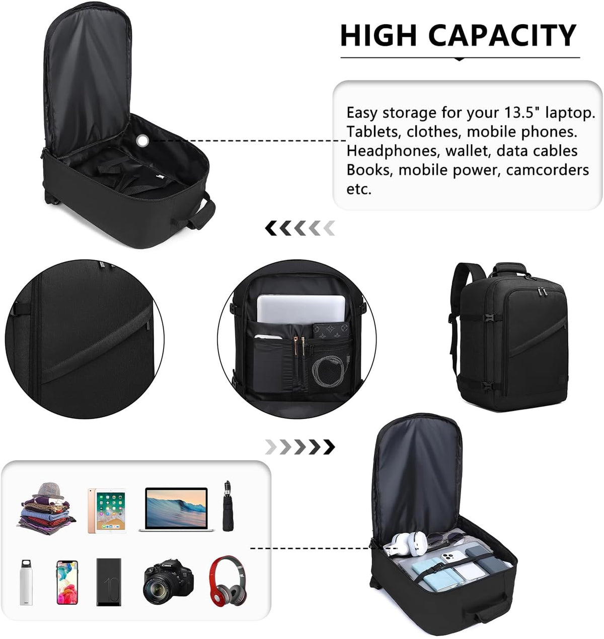 Carry on Backpack, Airline Approved Travel Backpack for Men and Women, Waterproof Lightweight Daypack for Flight (Black, Medium)