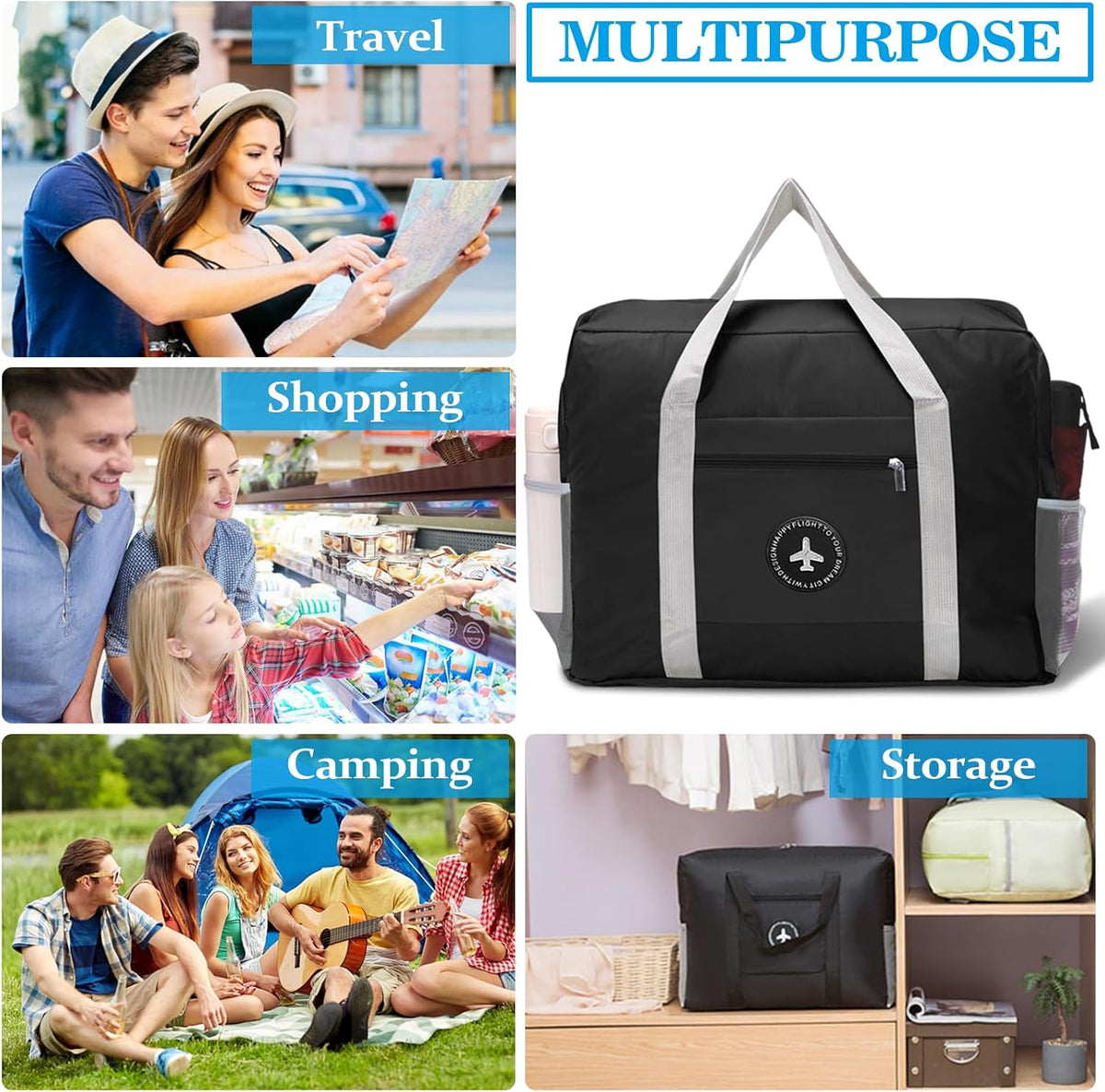 5PCS Travel Bag Thick Double-Layer Fabric Foldable Duffle Bags Spirit Airlines Personal Item Bag for Women Men Carry On Bags Sports Gym Tote Weekender Overnight Bag (1002 5PCS)