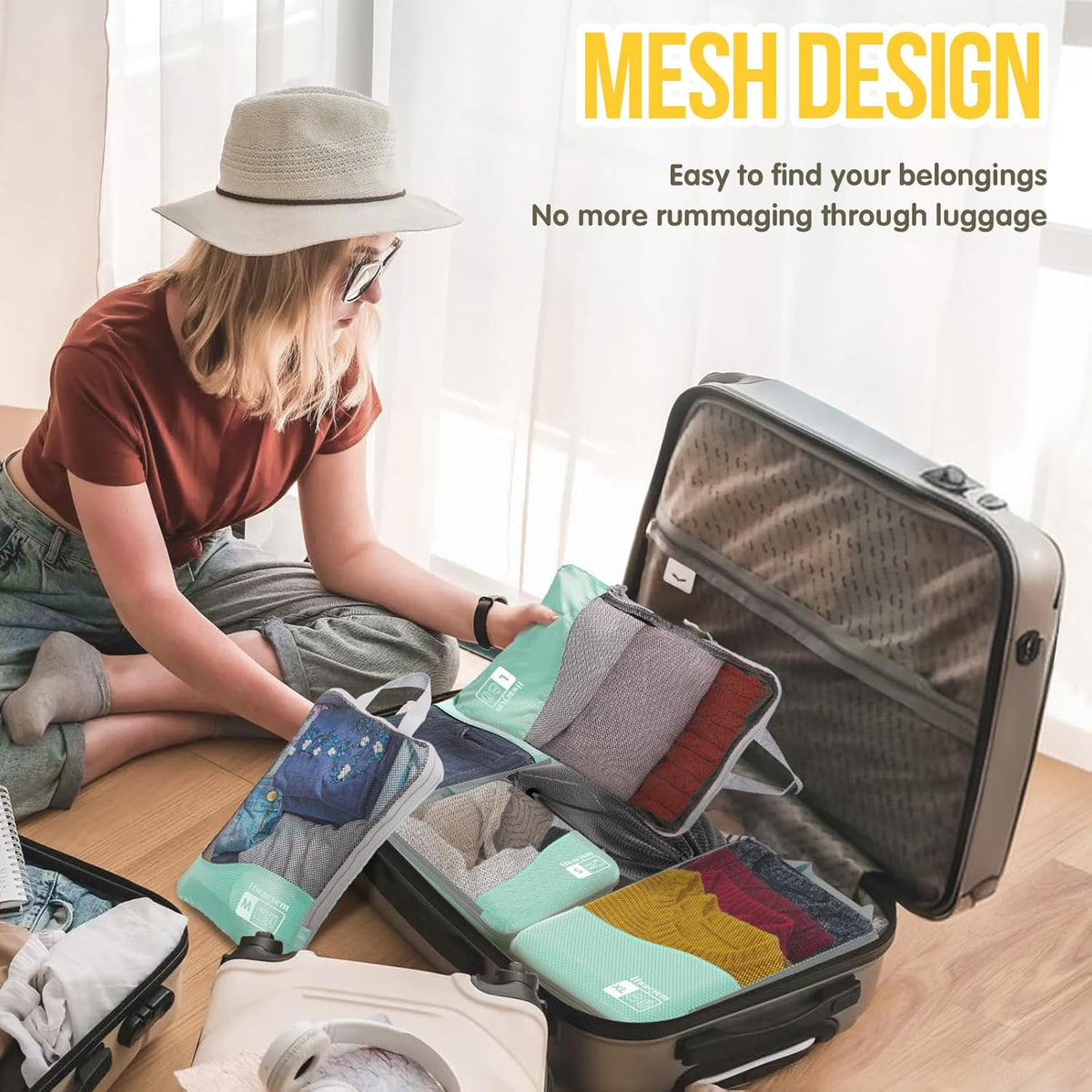 Compression Packing Cubes 8 Set, Dual Zipper Compression Packing Cubes for Travel, See-Through Mesh Packing Bags for Suitcases, Packing Cube with Shoe Bag (Black)