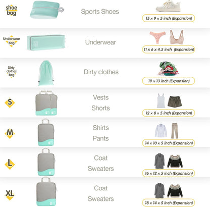 Compression Packing Cubes 8 Set, Dual Zipper Compression Packing Cubes for Travel, See-Through Mesh Packing Bags for Suitcases, Packing Cube with Shoe Bag (Black)