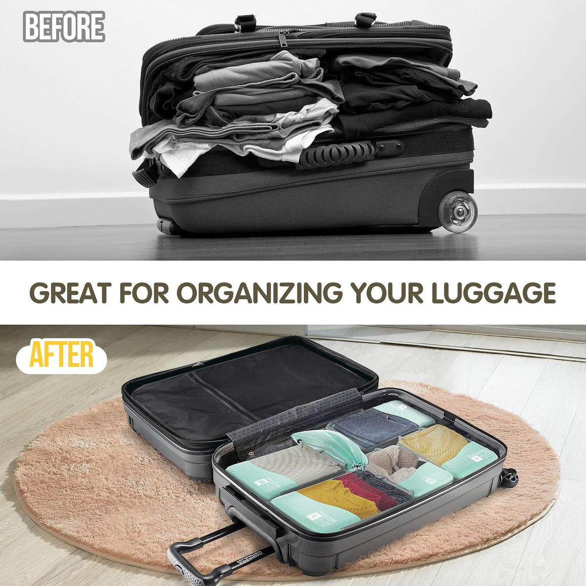 Compression Packing Cubes 8 Set, Dual Zipper Compression Packing Cubes for Travel, See-Through Mesh Packing Bags for Suitcases, Packing Cube with Shoe Bag (Black)