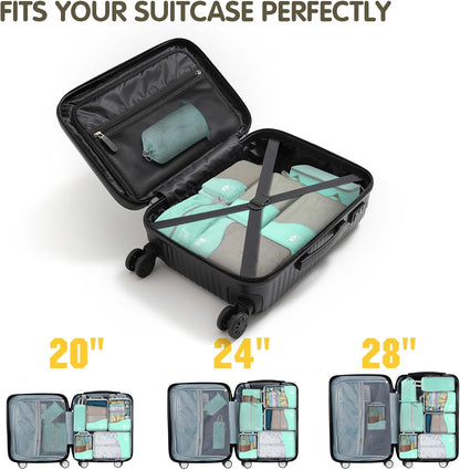 Compression Packing Cubes 8 Set, Dual Zipper Compression Packing Cubes for Travel, See-Through Mesh Packing Bags for Suitcases, Packing Cube with Shoe Bag (Black)