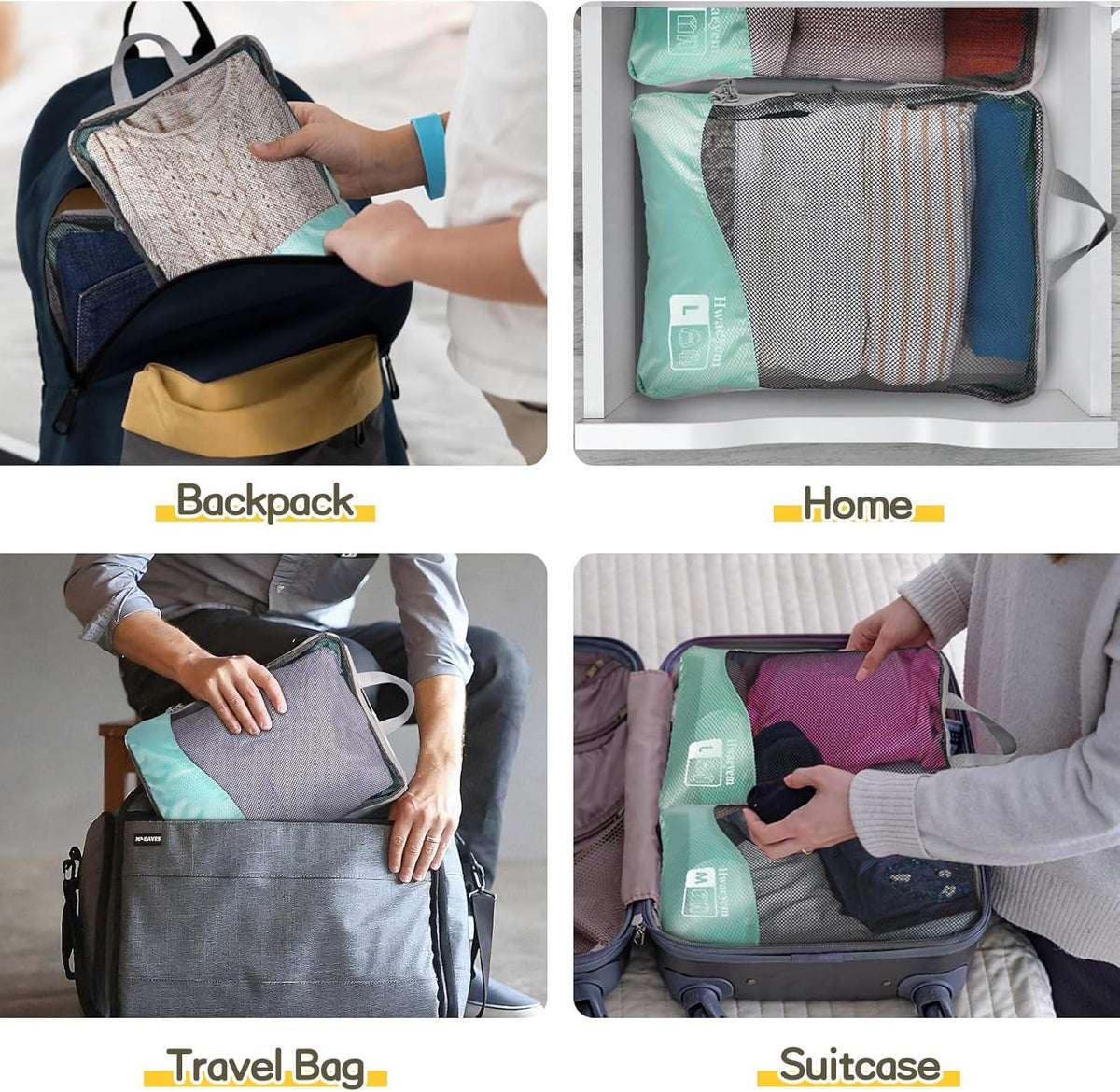 Compression Packing Cubes 8 Set, Dual Zipper Compression Packing Cubes for Travel, See-Through Mesh Packing Bags for Suitcases, Packing Cube with Shoe Bag (Black)