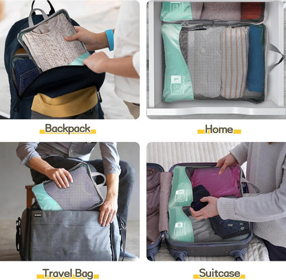 Compression Packing Cubes 8 Set, Dual Zipper Compression Packing Cubes for Travel, See-Through Mesh Packing Bags for Suitcases, Packing Cube with Shoe Bag (Black)