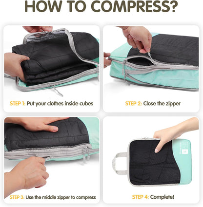 Compression Packing Cubes 8 Set, Dual Zipper Compression Packing Cubes for Travel, See-Through Mesh Packing Bags for Suitcases, Packing Cube with Shoe Bag (Black)
