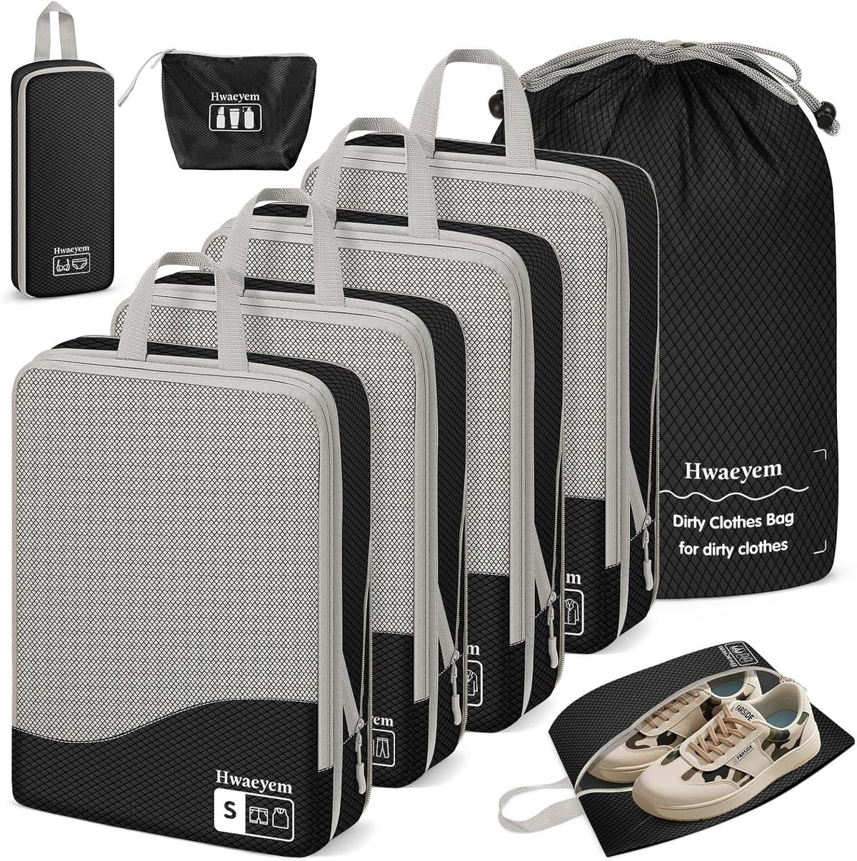 Compression Packing Cubes 8 Set, Dual Zipper Compression Packing Cubes for Travel, See-Through Mesh Packing Bags for Suitcases, Packing Cube with Shoe Bag (Black)