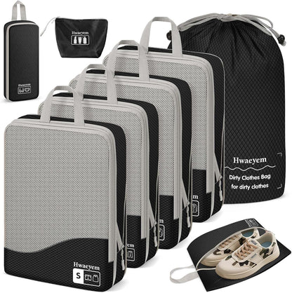 Compression Packing Cubes 8 Set, Dual Zipper Compression Packing Cubes for Travel, See-Through Mesh Packing Bags for Suitcases, Packing Cube with Shoe Bag (Black)