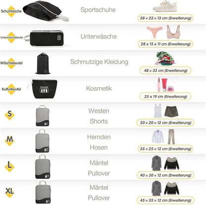 Compression Packing Cubes 8 Set, Dual Zipper Compression Packing Cubes for Travel, See-Through Mesh Packing Bags for Suitcases, Packing Cube with Shoe Bag (Black)
