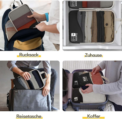 Compression Packing Cubes 8 Set, Dual Zipper Compression Packing Cubes for Travel, See-Through Mesh Packing Bags for Suitcases, Packing Cube with Shoe Bag (Black)