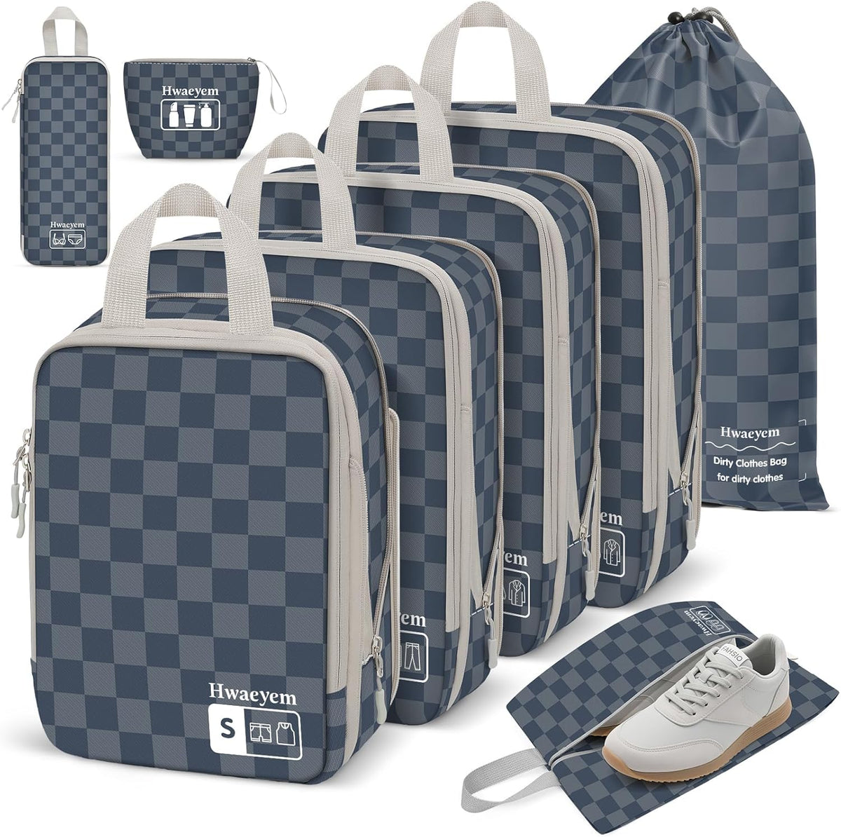 Compression Packing Cubes 8 Set, Dual Zipper Compression Packing Cubes for Travel, See-Through Mesh Packing Bags for Suitcases, Packing Cube with Shoe Bag (Black)