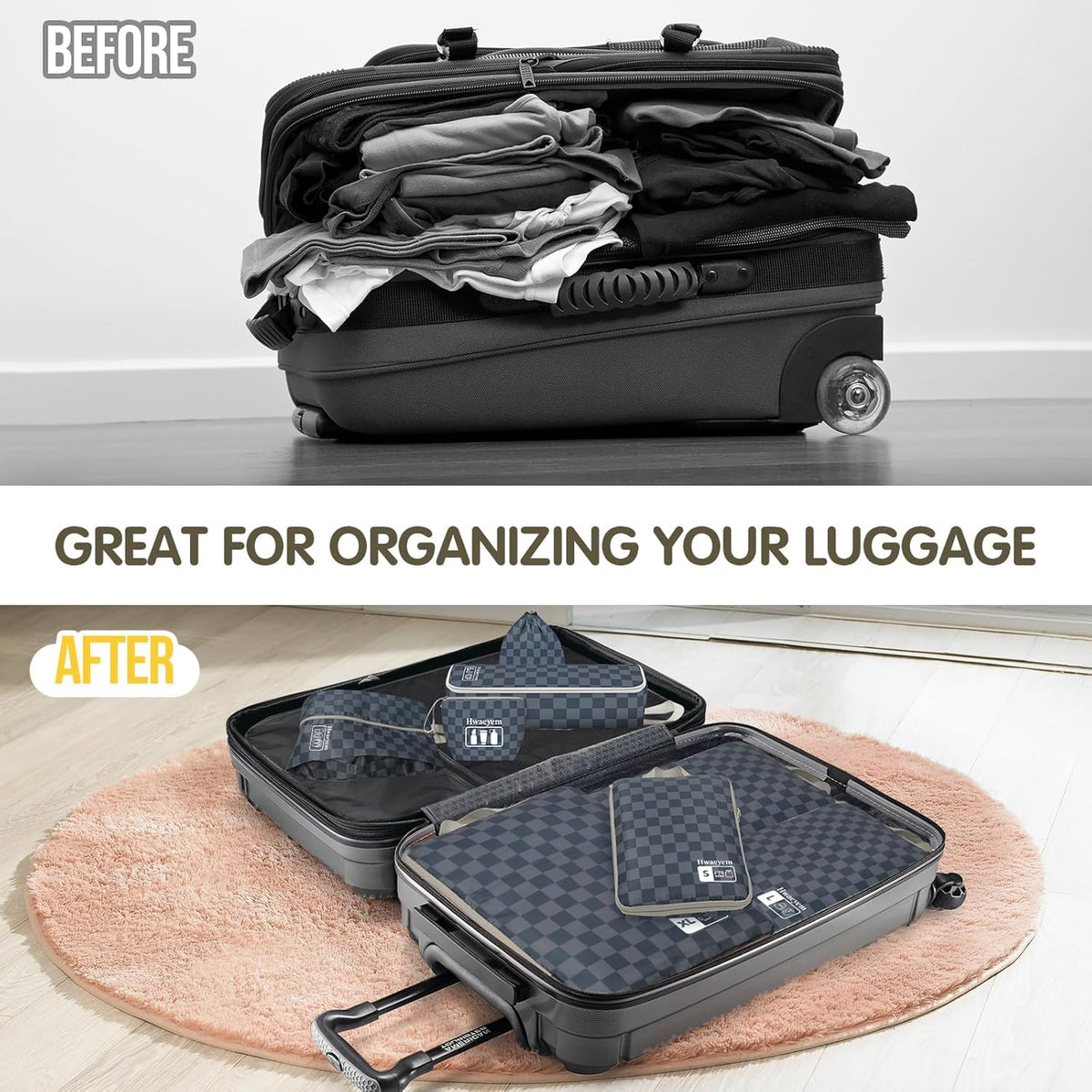 Compression Packing Cubes 8 Set, Dual Zipper Compression Packing Cubes for Travel, See-Through Mesh Packing Bags for Suitcases, Packing Cube with Shoe Bag (Black)