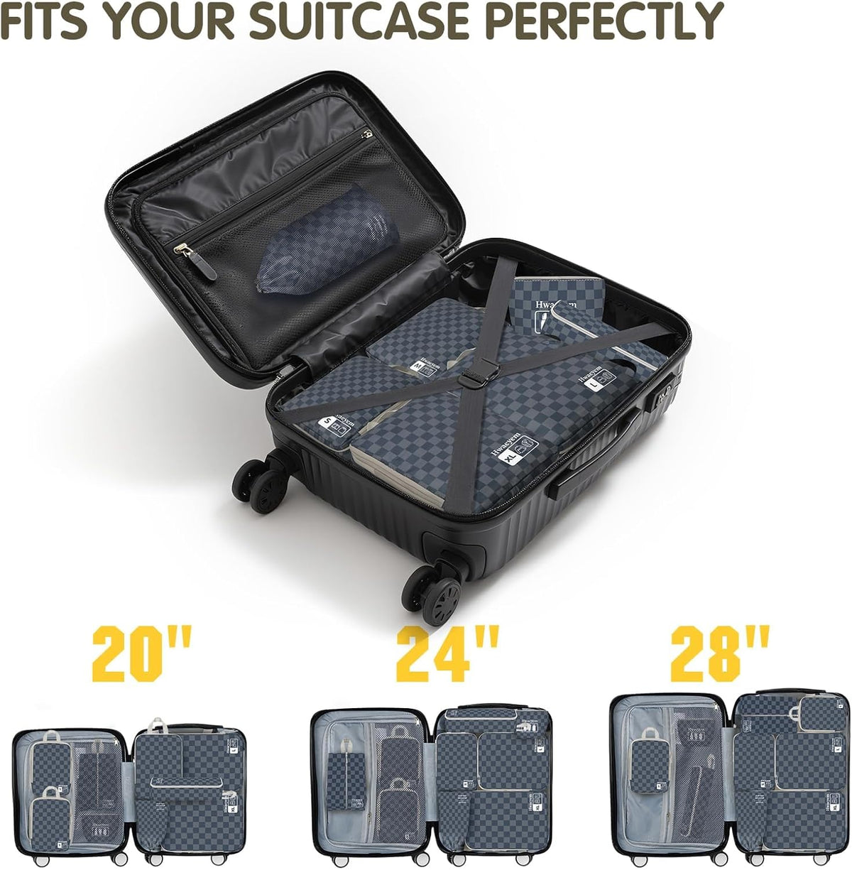 Compression Packing Cubes 8 Set, Dual Zipper Compression Packing Cubes for Travel, See-Through Mesh Packing Bags for Suitcases, Packing Cube with Shoe Bag (Black)