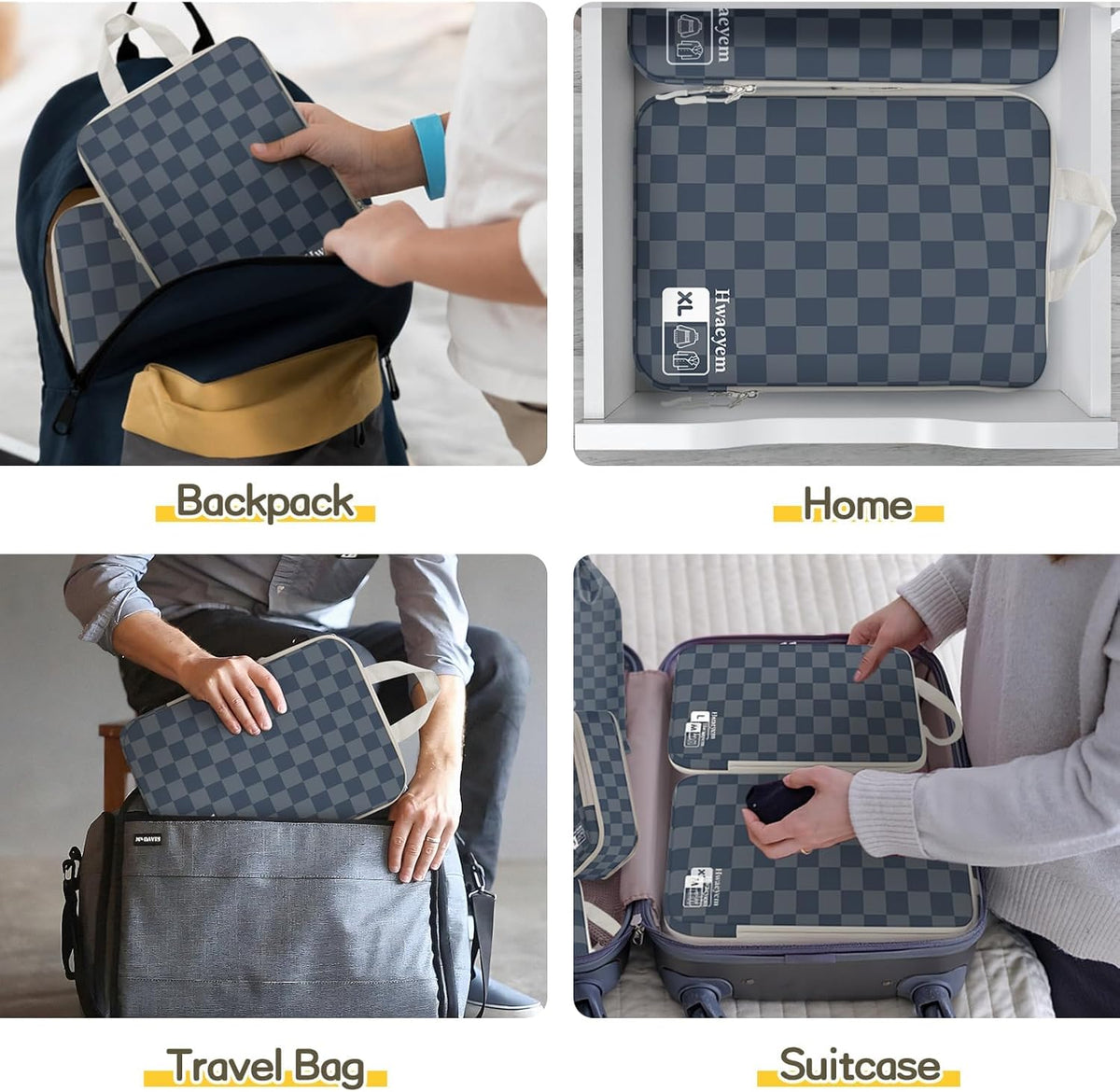 Compression Packing Cubes 8 Set, Dual Zipper Compression Packing Cubes for Travel, See-Through Mesh Packing Bags for Suitcases, Packing Cube with Shoe Bag (Black)