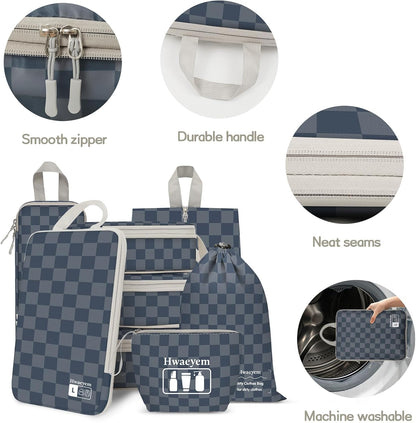 Compression Packing Cubes 8 Set, Dual Zipper Compression Packing Cubes for Travel, See-Through Mesh Packing Bags for Suitcases, Packing Cube with Shoe Bag (Black)