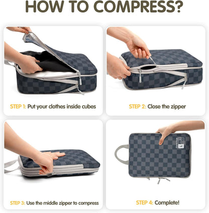 Compression Packing Cubes 8 Set, Dual Zipper Compression Packing Cubes for Travel, See-Through Mesh Packing Bags for Suitcases, Packing Cube with Shoe Bag (Black)