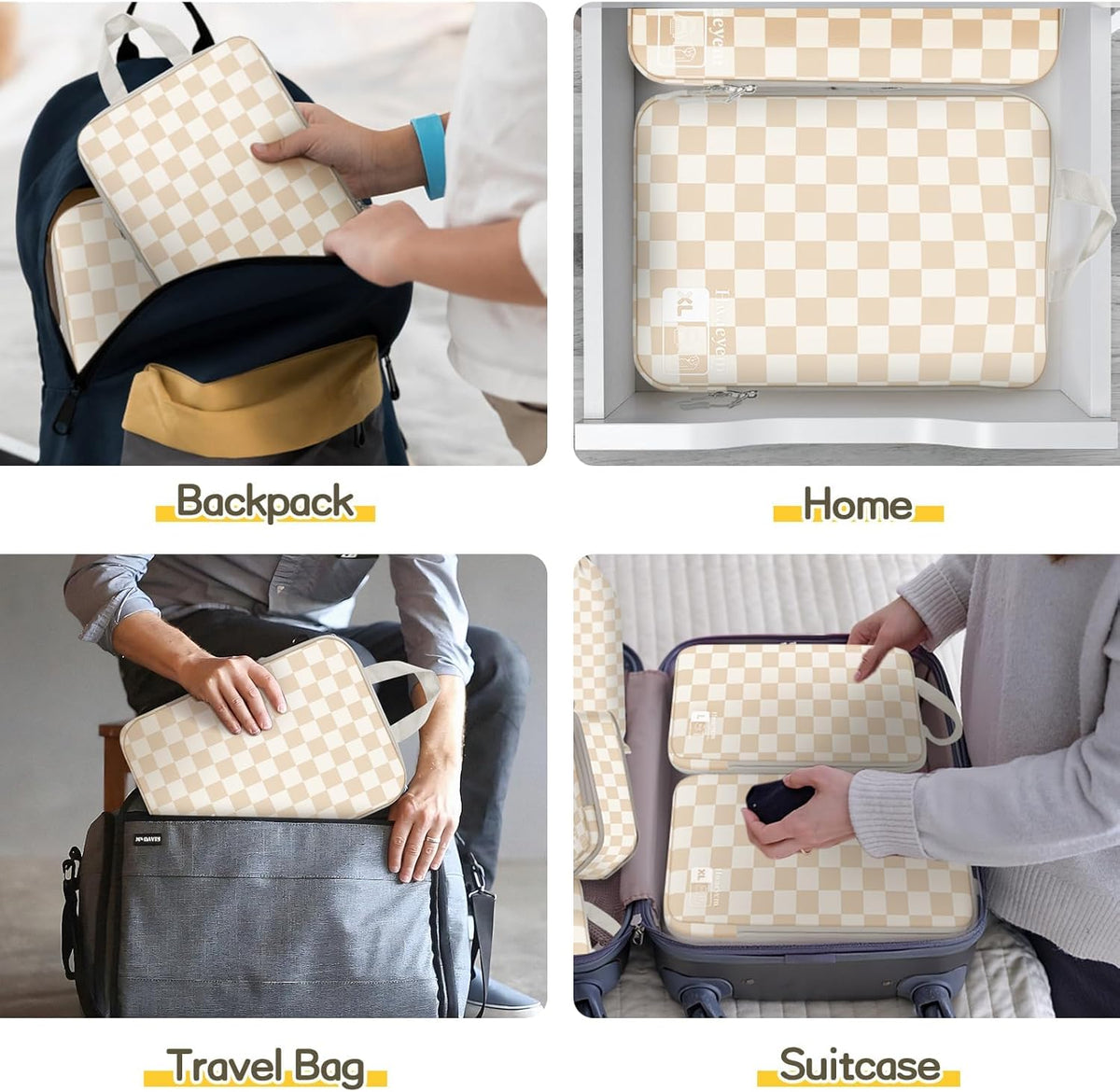 Compression Packing Cubes 8 Set, Dual Zipper Compression Packing Cubes for Travel, See-Through Mesh Packing Bags for Suitcases, Packing Cube with Shoe Bag (Black)