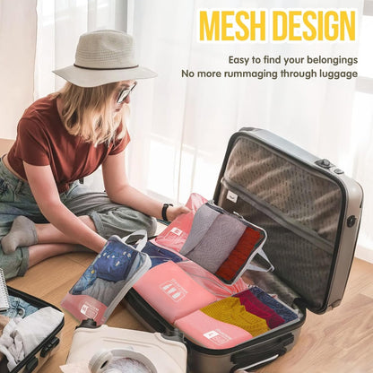 Compression Packing Cubes 8 Set, Dual Zipper Compression Packing Cubes for Travel, See-Through Mesh Packing Bags for Suitcases, Packing Cube with Shoe Bag (Black)
