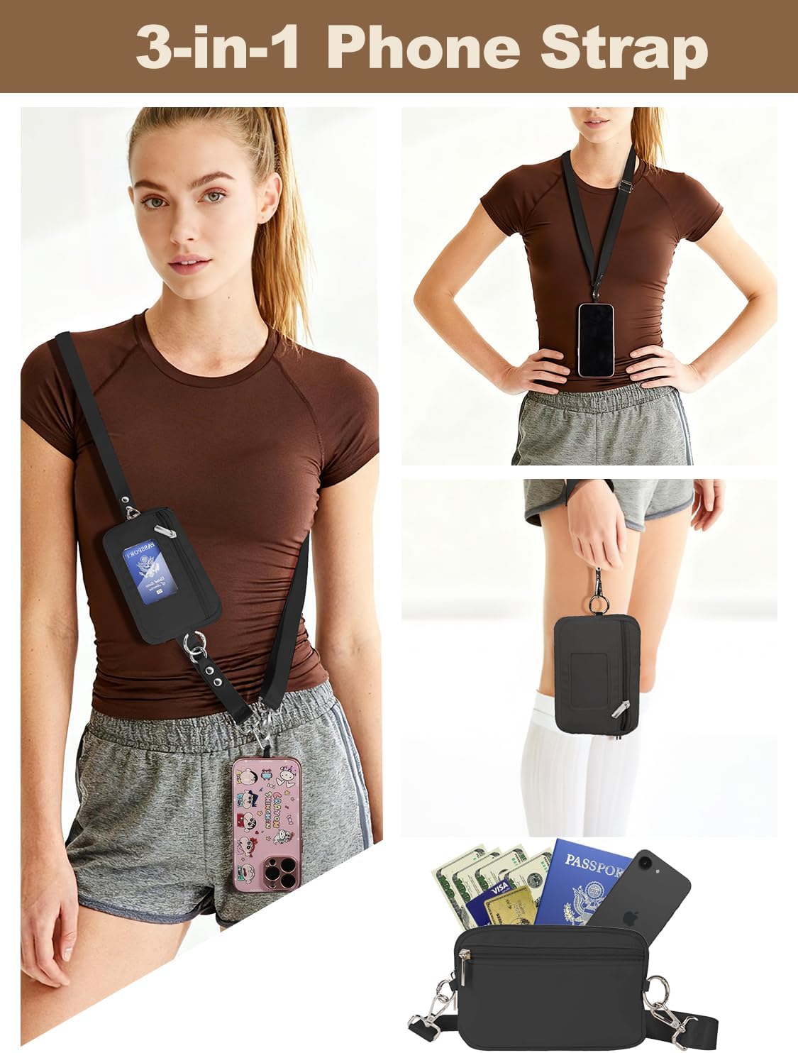 Clip&Go Strap for Phone with Wallet Crossbody Detachable Zippered Pouch&Phone Lanyard