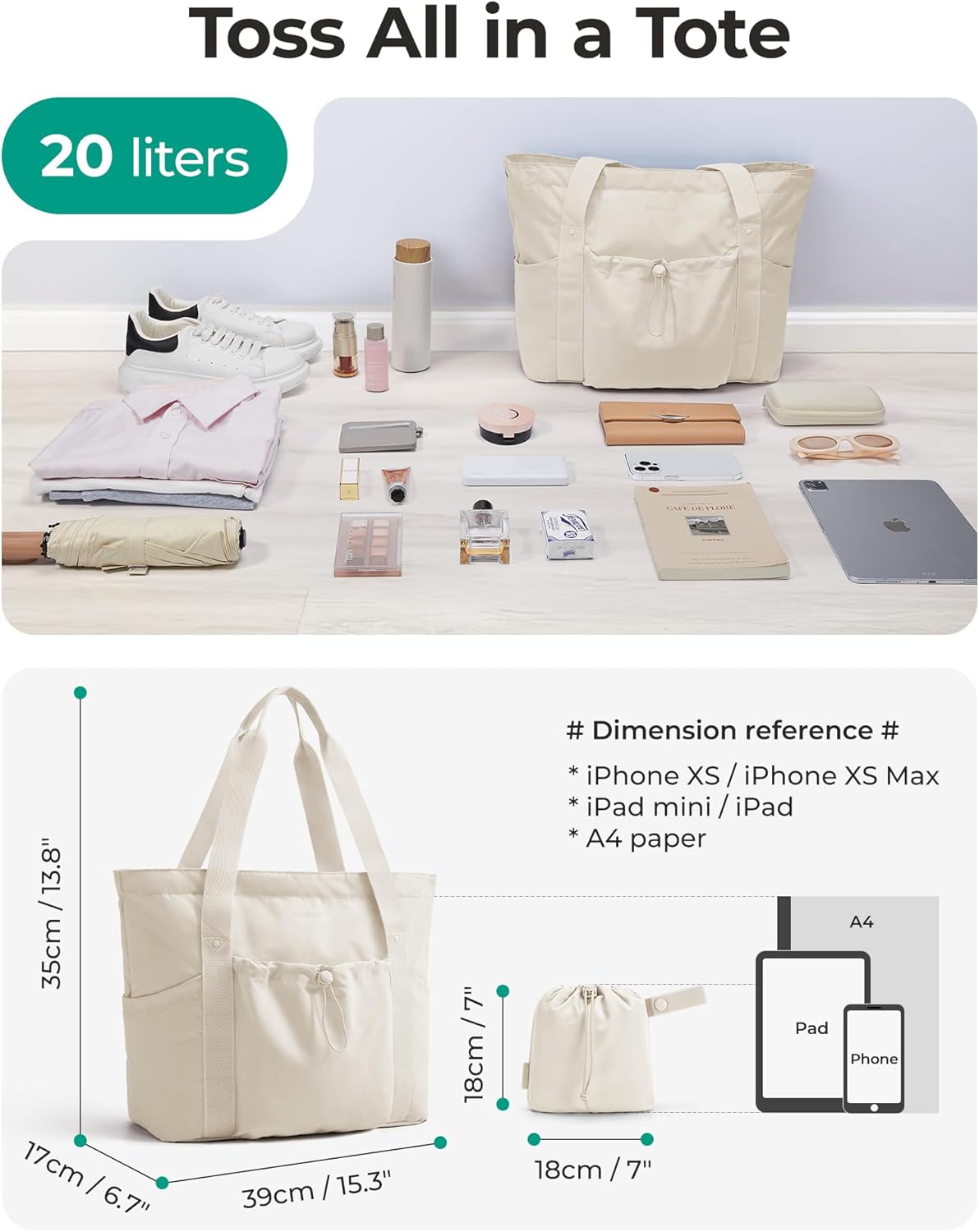 Foldable Tote Bag with Drawstring Bag, Tote Bag Shoulder Bag Top Handle Handbag for Travel, Work, Beach, Gym
