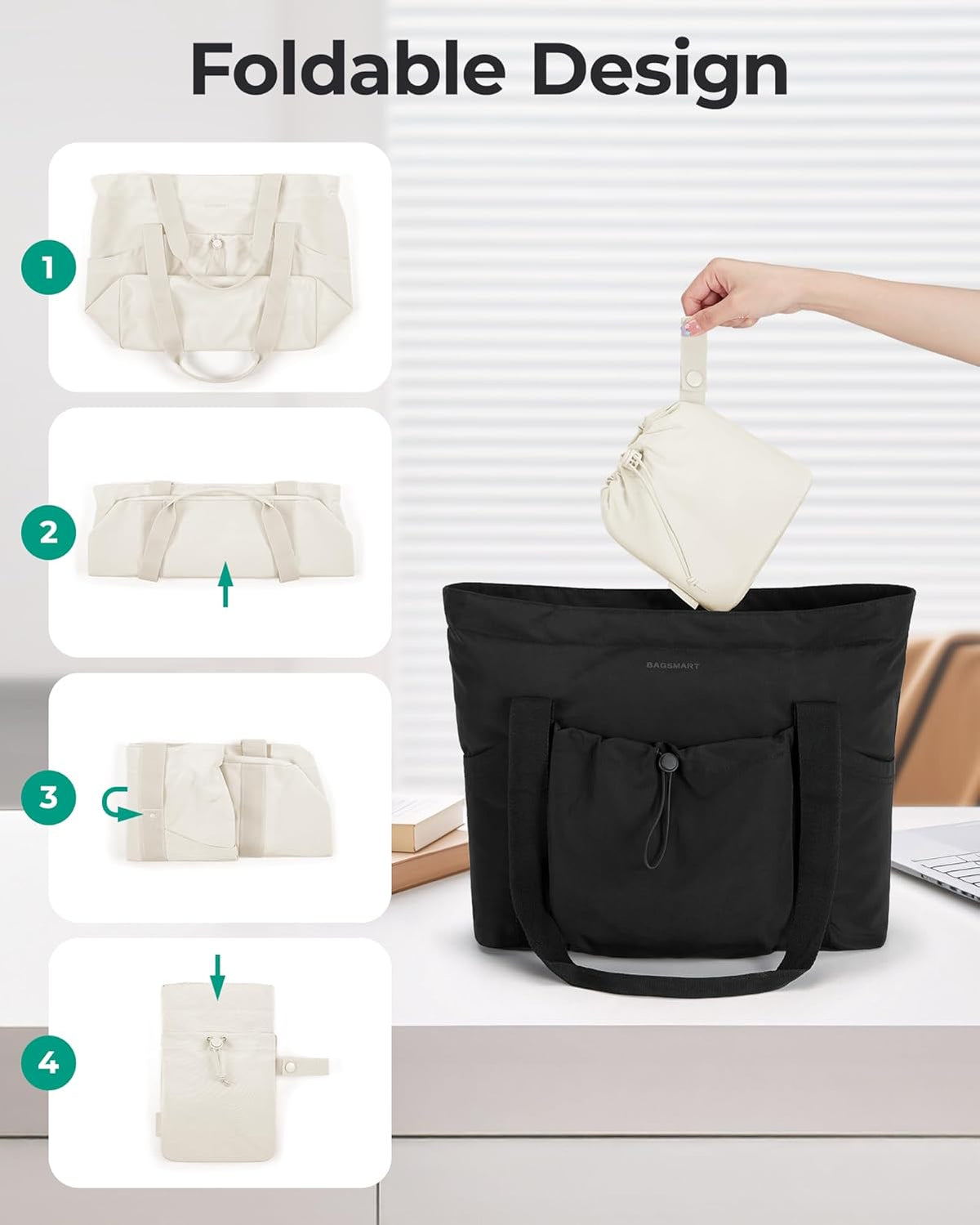 Foldable Tote Bag with Drawstring Bag, Tote Bag Shoulder Bag Top Handle Handbag for Travel, Work, Beach, Gym