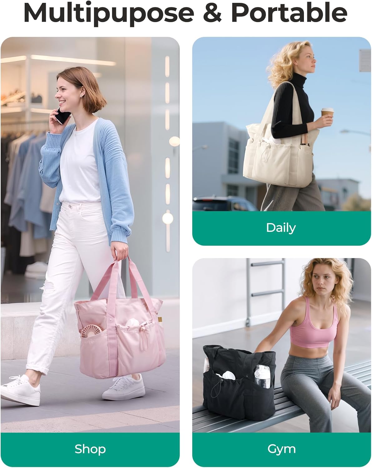 Foldable Tote Bag with Drawstring Bag, Tote Bag Shoulder Bag Top Handle Handbag for Travel, Work, Beach, Gym