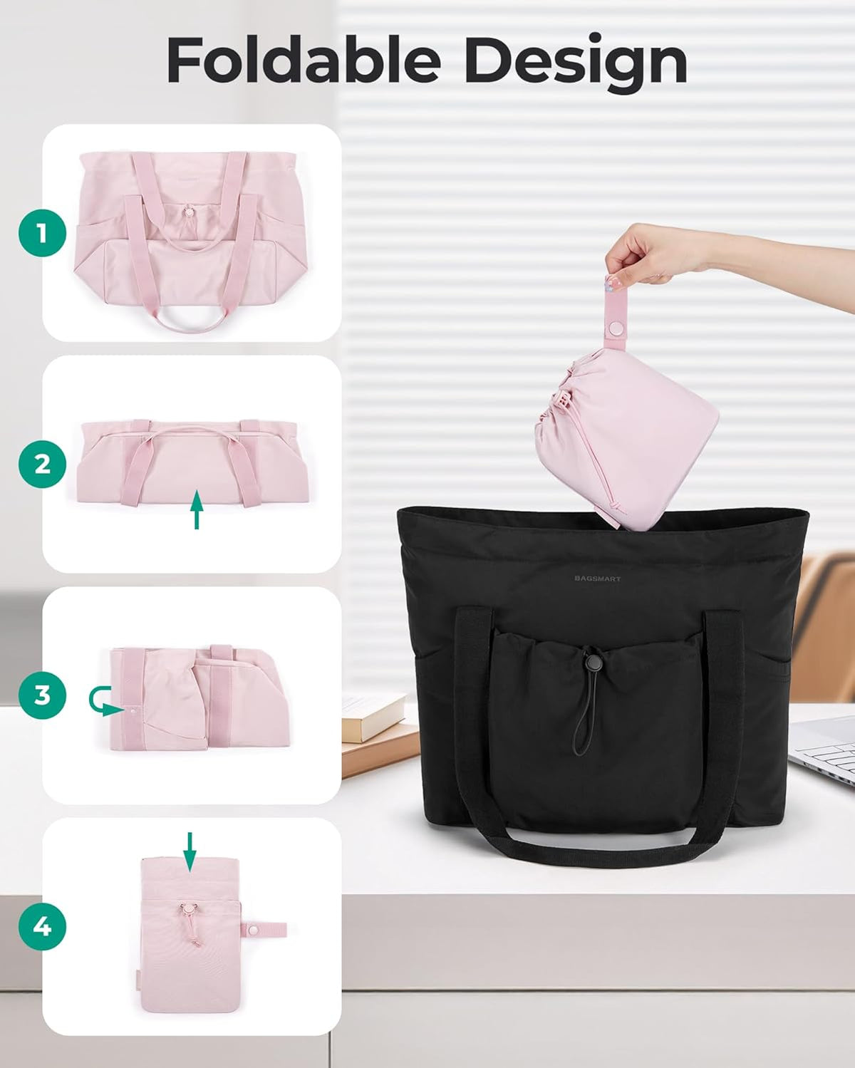 Foldable Tote Bag with Drawstring Bag, Tote Bag Shoulder Bag Top Handle Handbag for Travel, Work, Beach, Gym