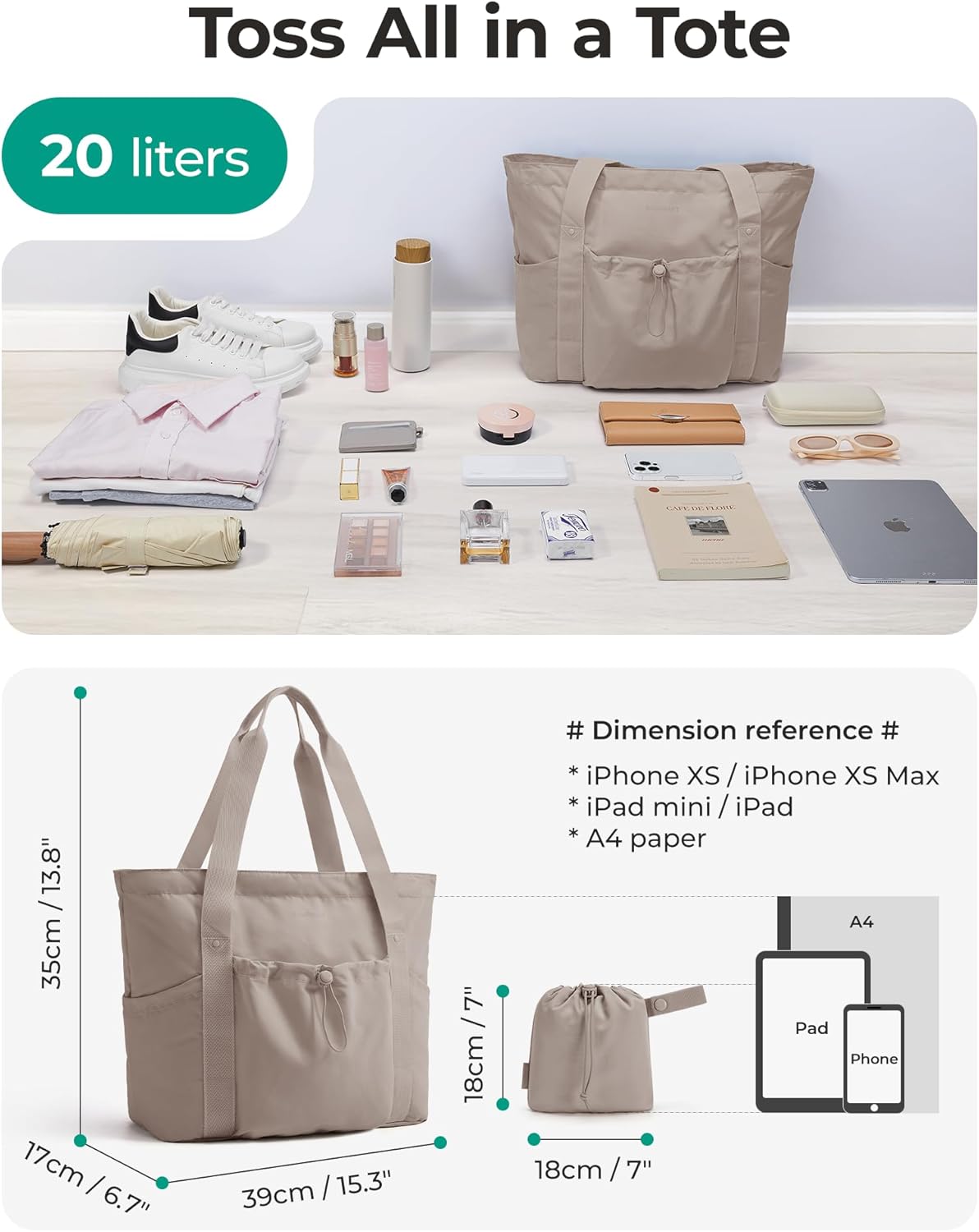 Foldable Tote Bag with Drawstring Bag, Tote Bag Shoulder Bag Top Handle Handbag for Travel, Work, Beach, Gym