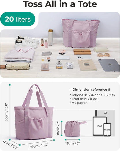 Foldable Tote Bag with Drawstring Bag, Tote Bag Shoulder Bag Top Handle Handbag for Travel, Work, Beach, Gym