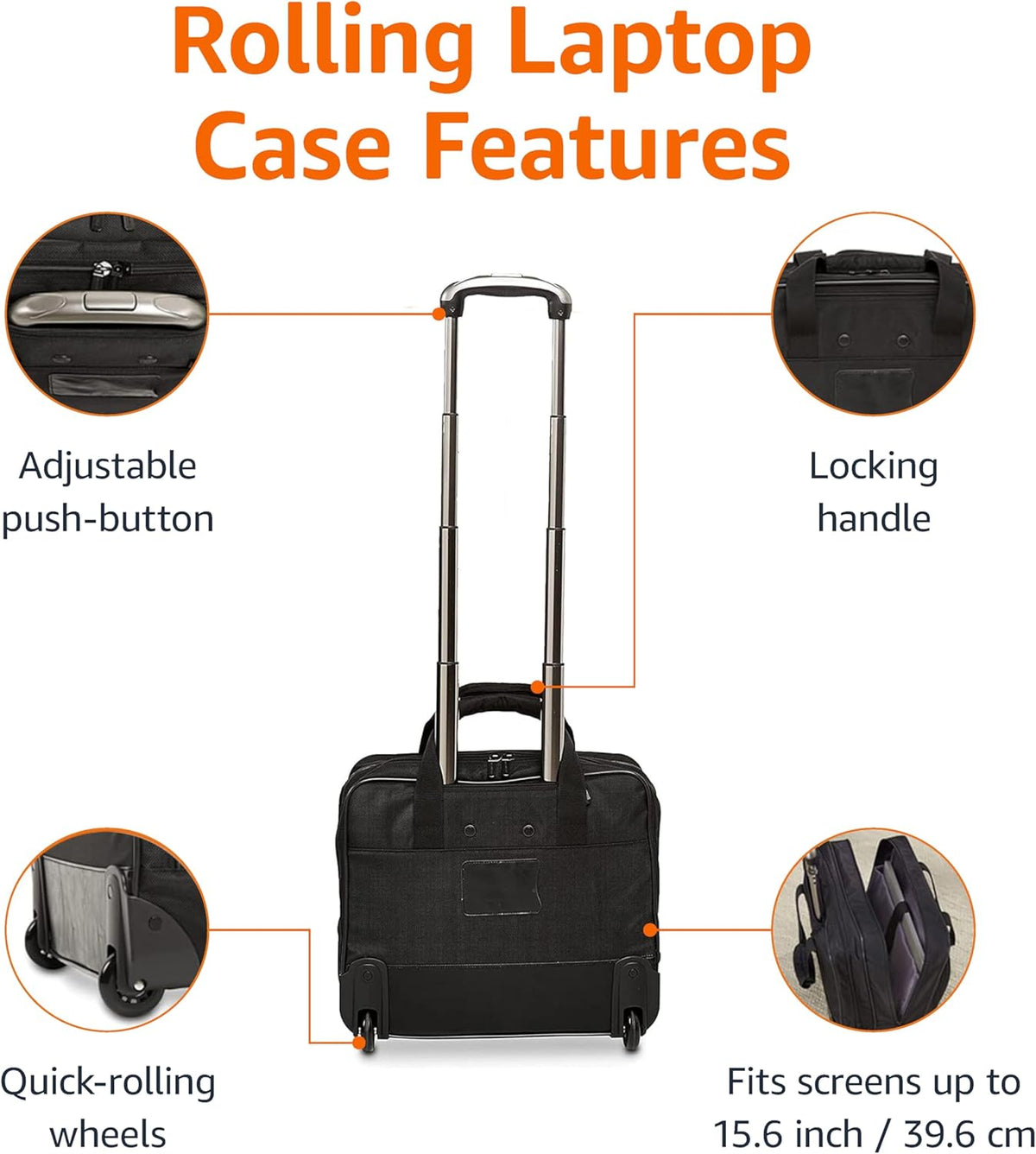 15.6" Rolling Laptop Bag for Travel and Business, Briefcase with Wheels, Adjustable Locking Handle, Black
