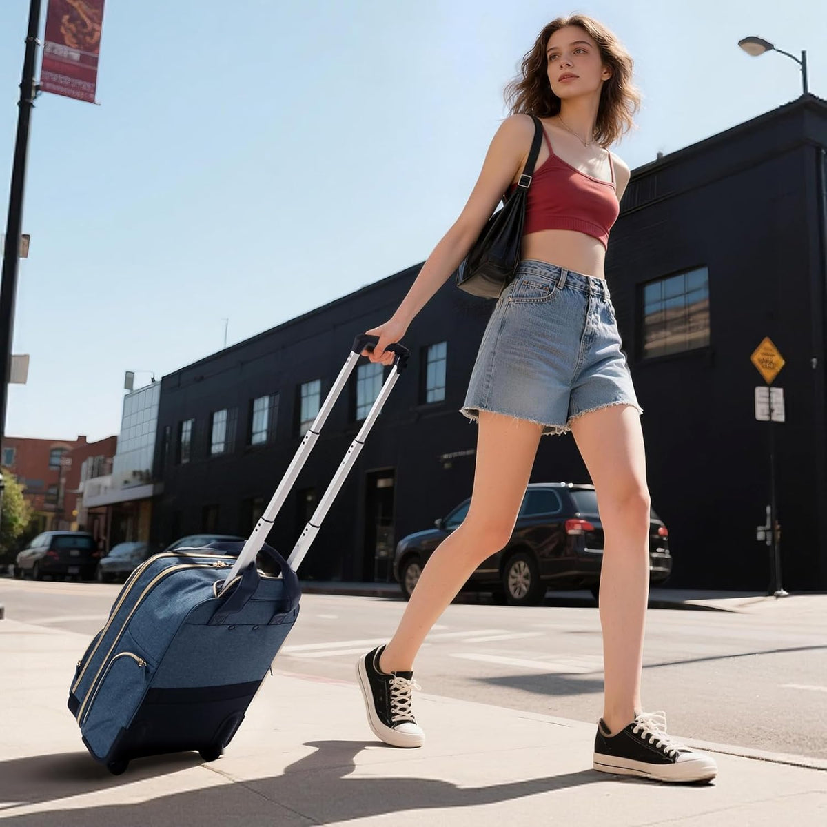 Underseat Carry On Luggage with Wheels, Travel Airline Approved Personal Item Bag, Multiple Compartments Carry-On with Leather Handle, Lightweight Rolling Suitcase for Women, Denim Blue, L